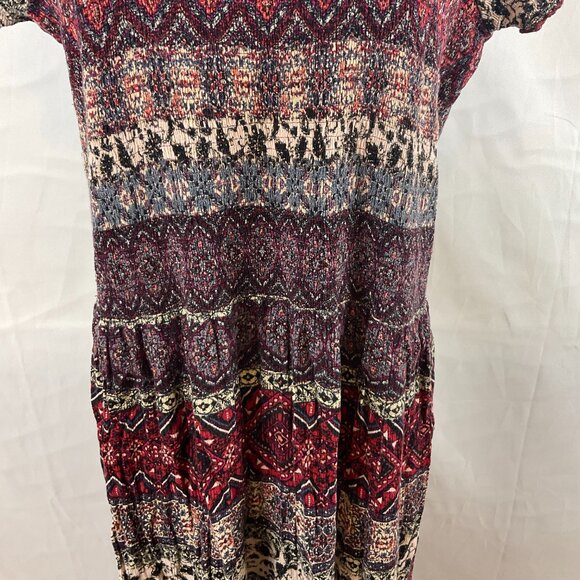 Soft Surroundings Smocked Dress 1X Maroon Cream Blue Mandala Print Short Sleeve - Picture 6 of 16